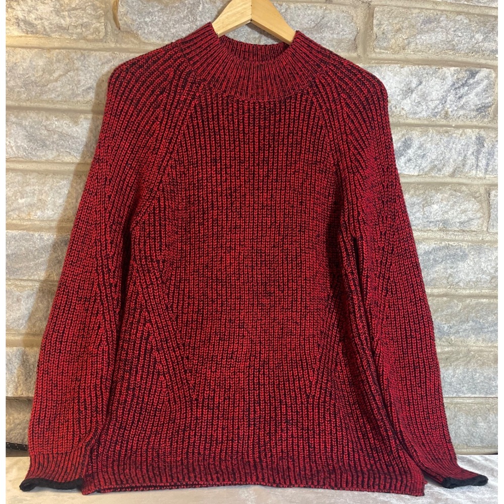 Calvin Klein Women Red Black Marled Chunky Knit Mohair Blend Mock Neck SweaterM